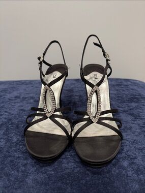 Bakers Black Satin Rhinestone T-Strap Slingback Heels